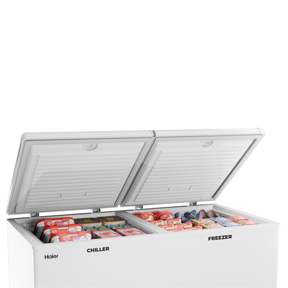 Haier 400 ltr, double door -  Embossed Titanium Grey colour,Dual Compartment Combo Chest Freezer